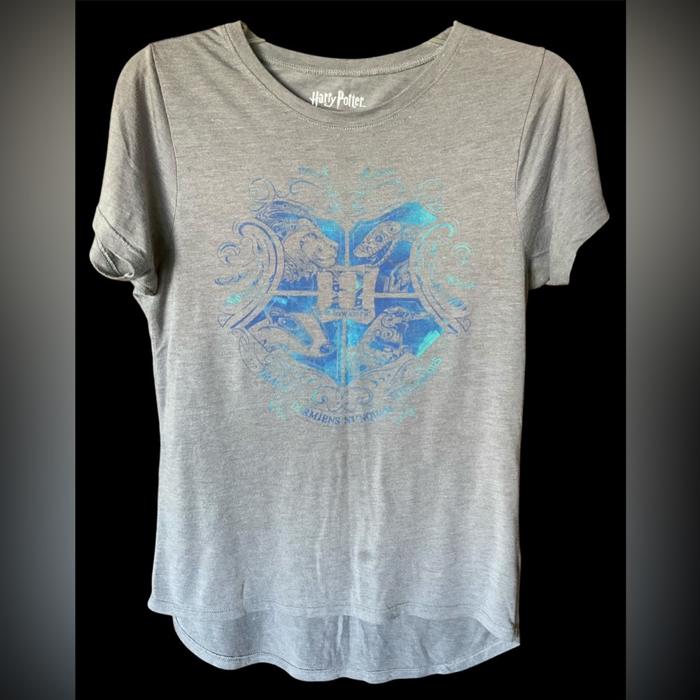 Harry Potter Hogwarts T Shirt Women's Size L Gray Shining Logo Scoop Neck
